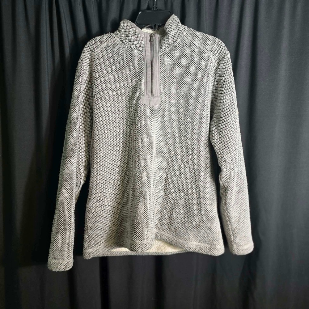 Orvis Mens Grey Sherpa Lined Textured Knit Quarter Zip Pullover Sweater Large